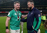 Andy Farrell speaks with Peter O'Mahony after Ireland v Scotland match in 2024 Six Nations