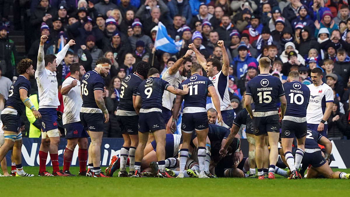 Scotland players attempt to score a try during match against France in 2024 Six Nations 