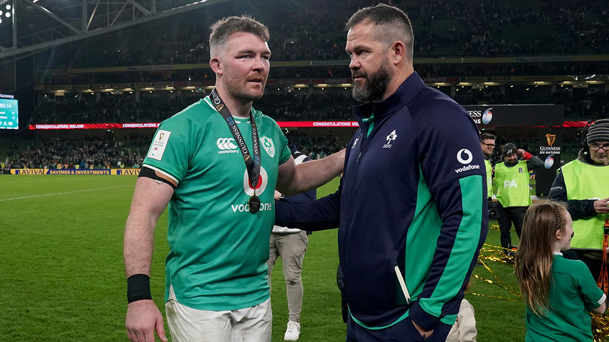 Andy Farrell speaks with Peter O'Mahony after Ireland v Scotland match in 2024 Six Nations