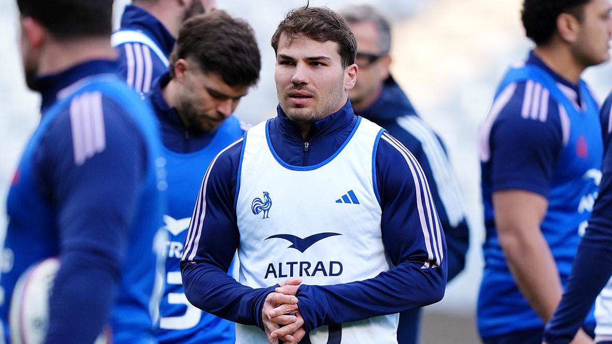 Antoine Dupont at team run ahead of Scotland v France match in 2026 Six Nations
