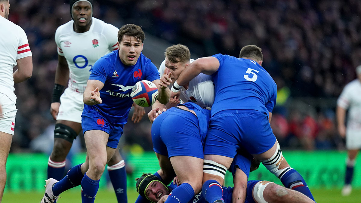 Antoine Dupont playing for France against England during 2023 Six Nations