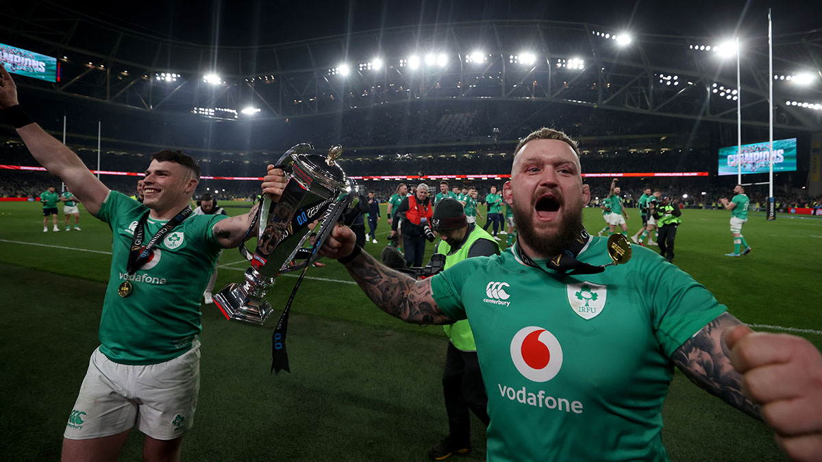 Calvin Nash and Andrew Porter celebrate Ireland winning 2024 Six Nations title 