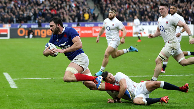 Charles Ollivon dives in to score a try for France v England in 2020 Six Nations