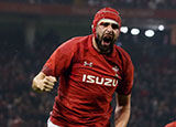 Cory Hill celebrates scoring a try for Wales v England in 2019 Six Nations