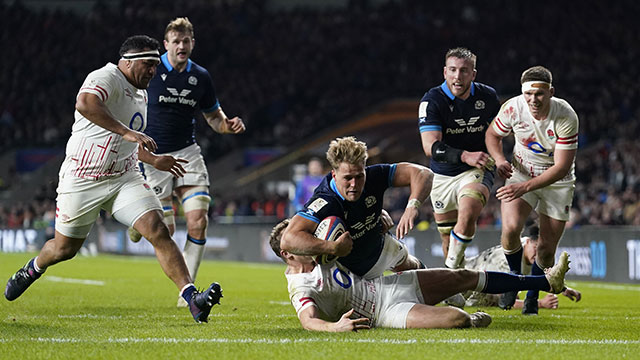 Duhan van der Merwe scores a second try for Scotland against England in 2023 Six Nations
