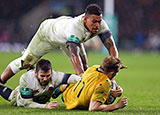 Elliot Daly and Nathan Hughes in action for England