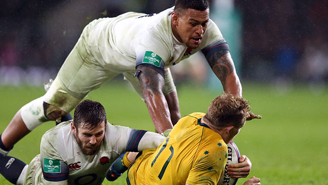 Elliot Daly and Nathan Hughes in action for England