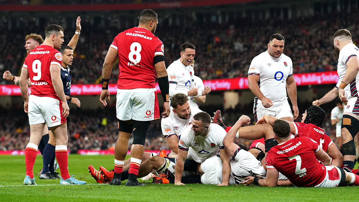 England players celebrate Maro Itoje try for England against Wales during 2025 Six Nations