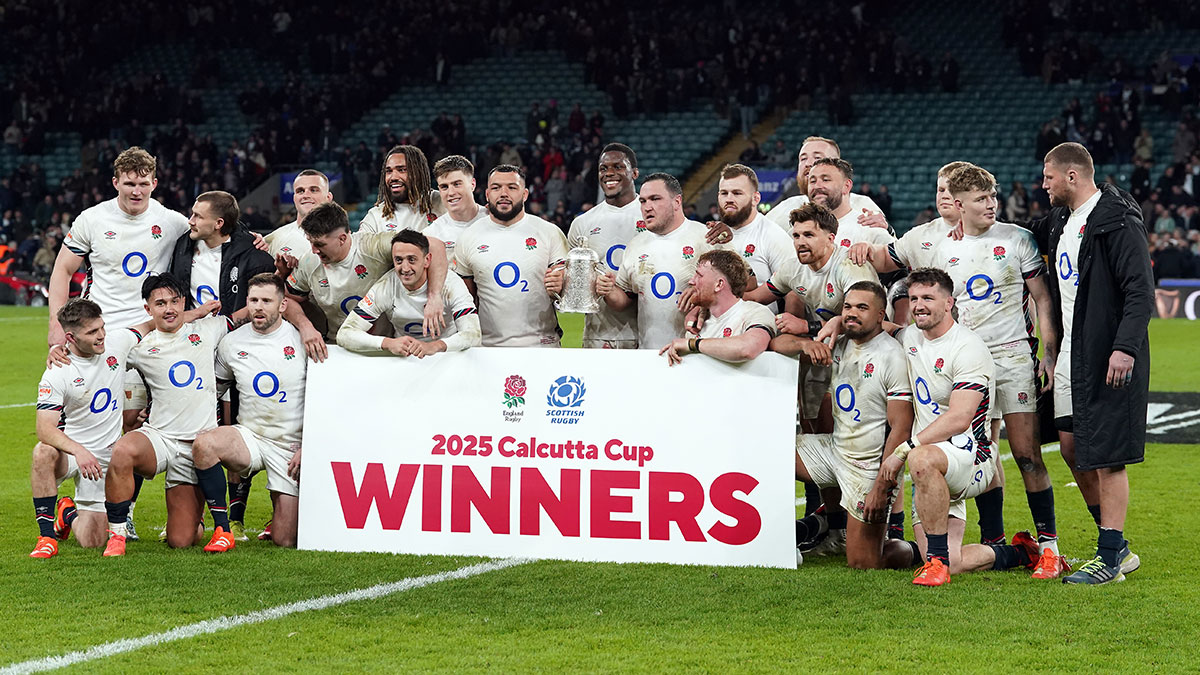 England players pose with Calcutta Cup after victory over Scotland in 2025 Six Nations