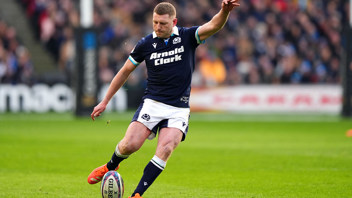 Finn Russell kicks a conversion during Scotland v Italy match in 2025 Six Nations