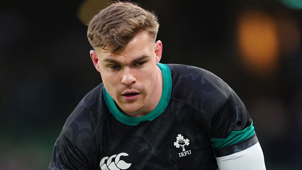 Garry Ringrose warming up for Ireland v England match during 2025 Six Nations