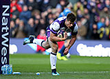 Huw Jones scores a try for Scotland against Italy