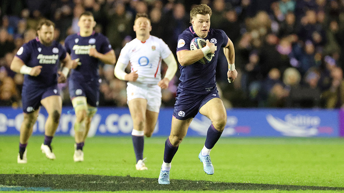 Huw Jones scores a try for Scotland v England during 2026 Six Nations