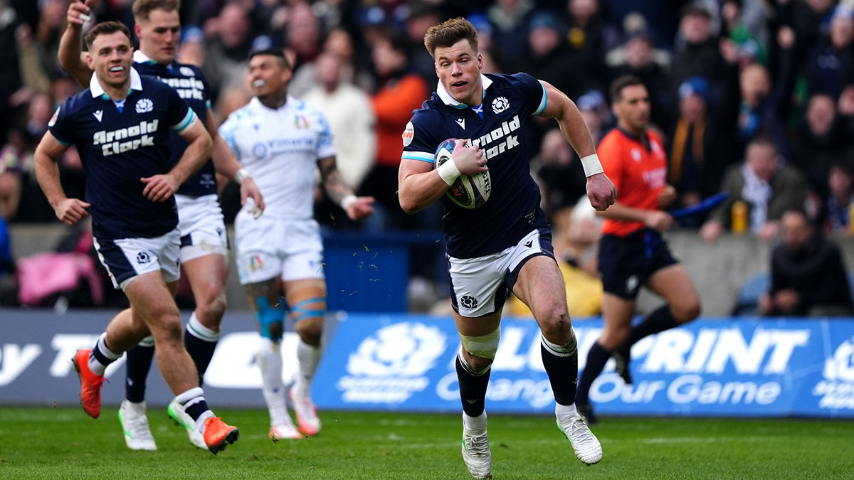 Huw Jones scores a try for Scotland v Italy during 2025 Six Nations