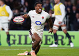 Immanuel Feyi-Waboso.celebrates a try for England v New Zealand in 2024 Autumn Internationals