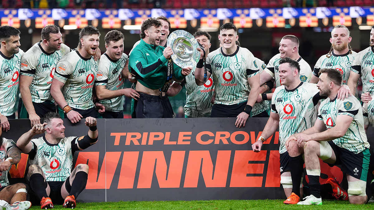 Ireland players celebrate Triple Crown following win over Wales during 2025 Six Nations