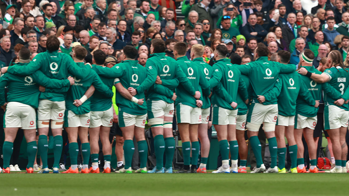 Ireland players line up for anthem against France during 2025 Six Nations