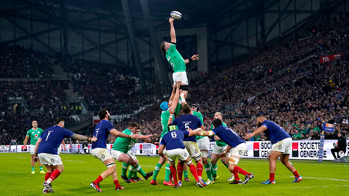 Ireland win lineout against France during 2024 Six Nations match in Paris
