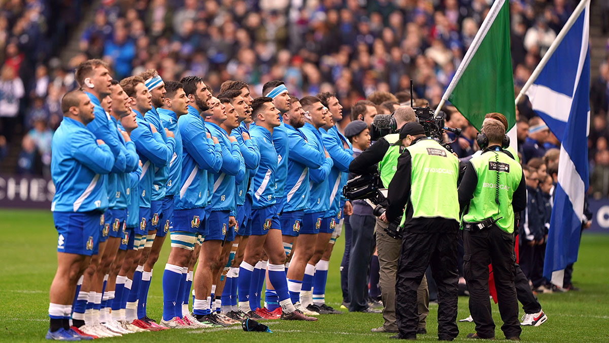 Italy and Scotland line up before match in 2023 Six Nations