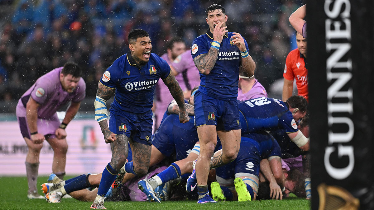 Italy celebrate victory over Scotland in heavy rain during 2026 Six Nations