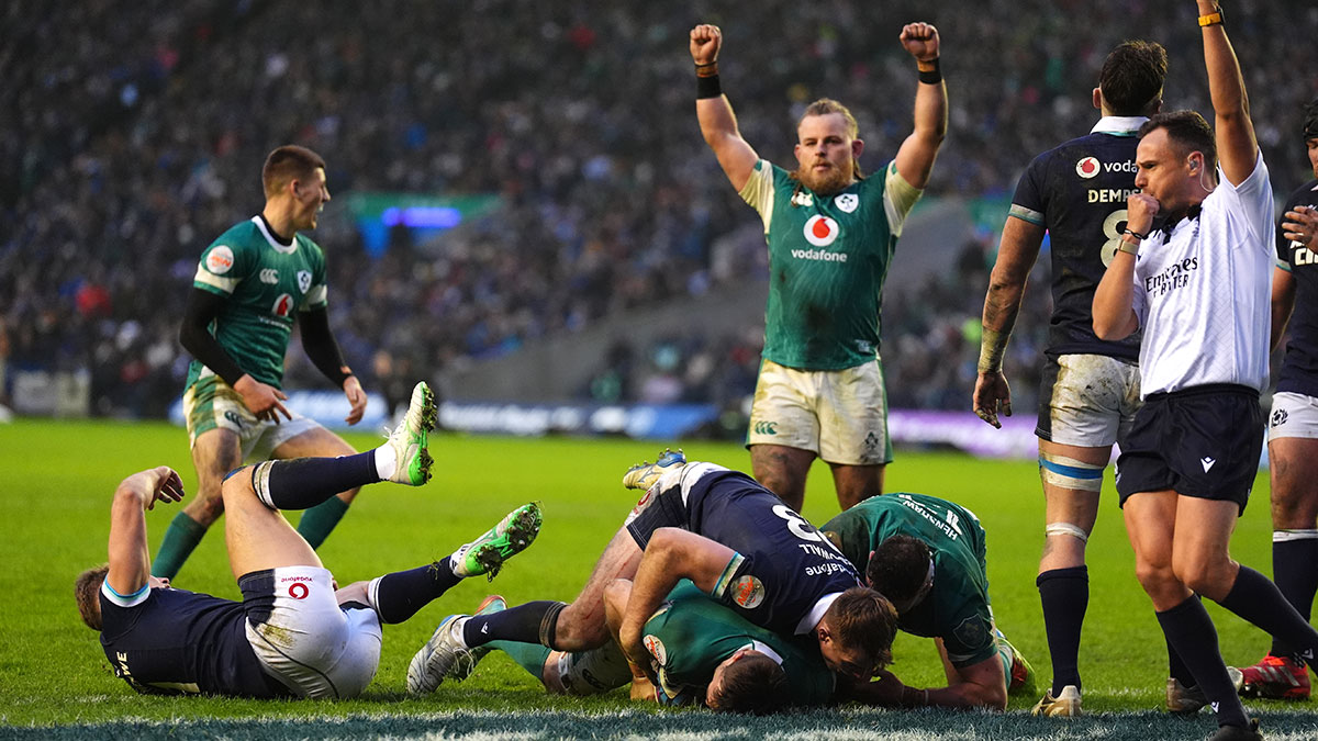 Jack Conan scores a try for Ireland against Scotland during 2025 Six Nations