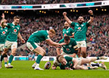 Jamie Osborne scores a try for Ireland against England during 2026 Six Nations