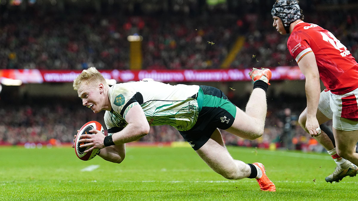 Jamie Osborne scores a try for Ireland against Wales in 2025 Six Nations