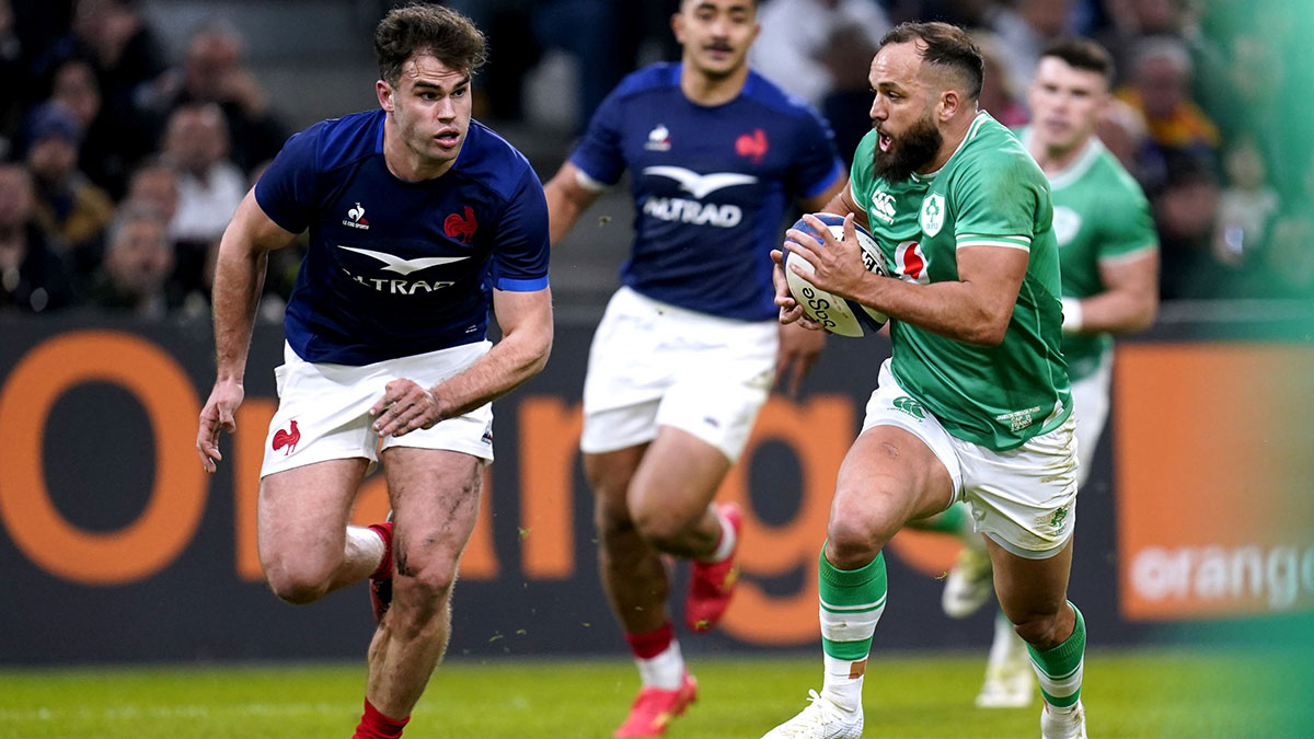 Jamison Gibson-Park in action for Ireland against France during 2024 Six Nations