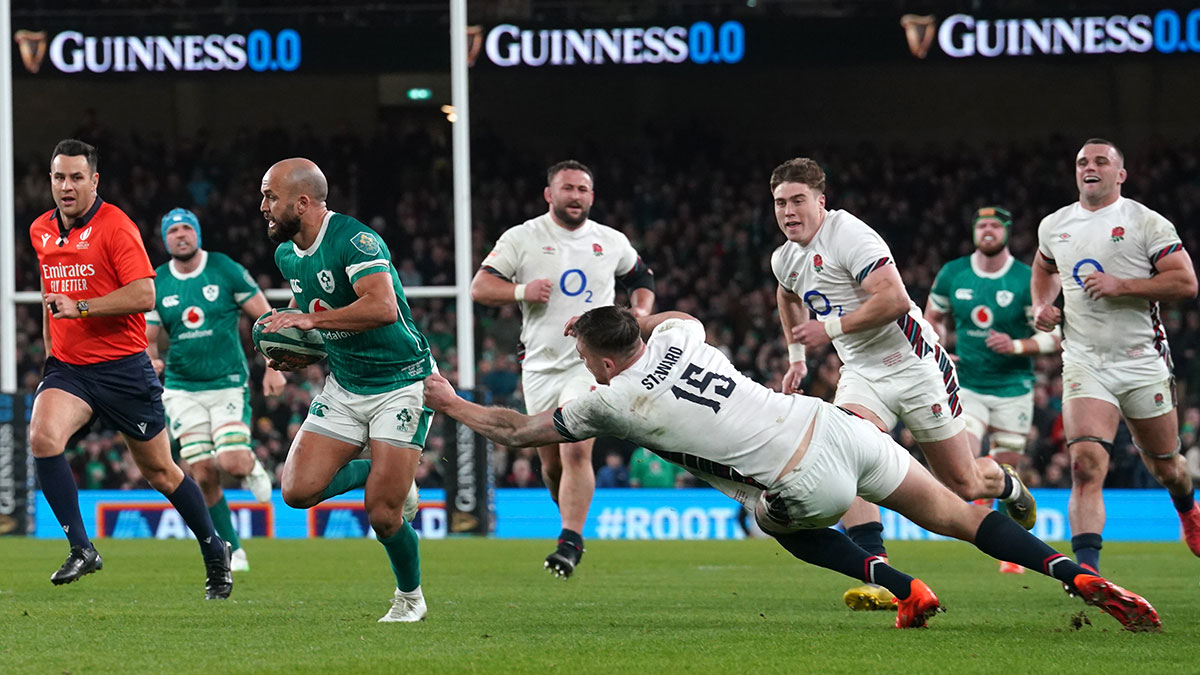 Jamison Gibson-Park in action for Ireland v England at Aviva Stadium in Dublin during 2025 Six Nations
