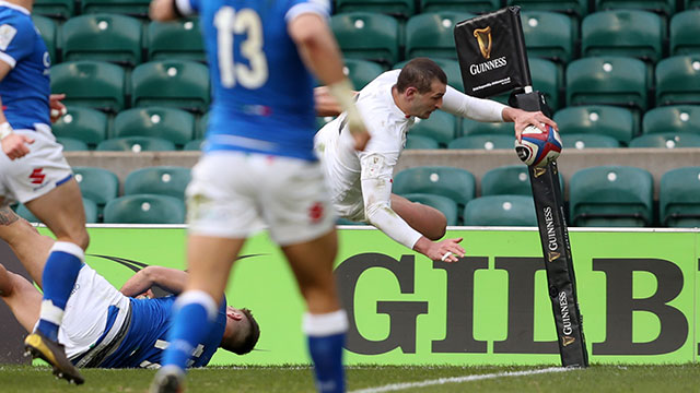 Jonny May scores a spectacular diving try for England v Italy in 2021 Six Nations