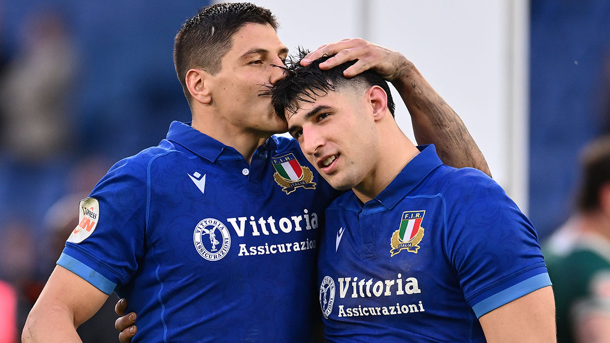 Juan Ignacio Brex and Tommaso Menoncello during Ireland v Italy match in 2025 Six Nations