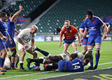 Maro Itoje scores a try for England v France in 2021 Six Nations