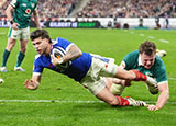 Mathieu Jalibert scores a try for France v Ireland during 2026 Six Nations