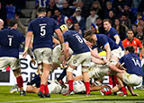 Ollie Lawrence scores a try for England against France during 2024 Six Nations