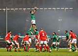 Peter O'Mahony wins lineout during Wales v Ireland match in 2023 Six Nations