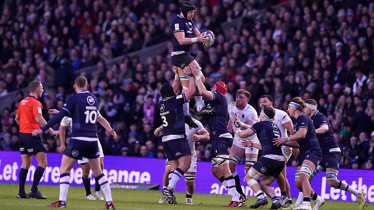 Scotland and England compete at lineout during 2024 Six Nations