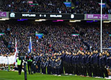 Scotland and England players line up at Murrayfield before Calcutta Cup match in 2024 Six Nations