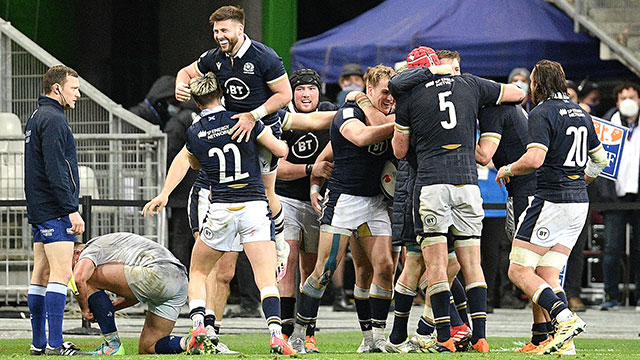 Scotland players celebrate victory over France in 2021 Six Nations