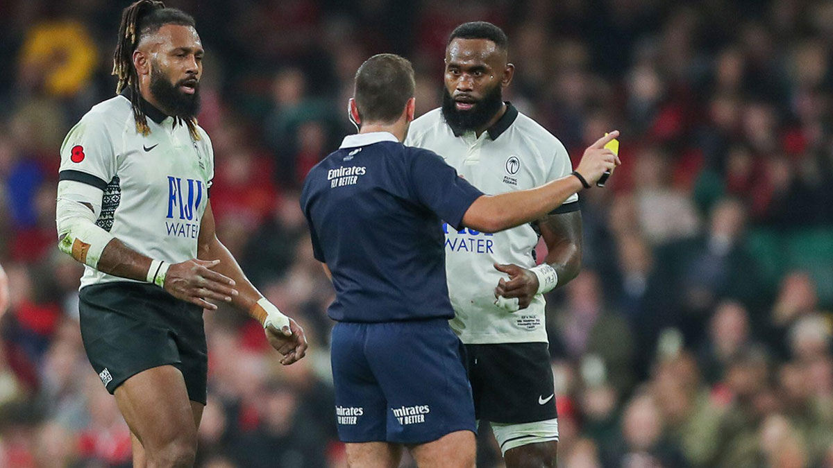 Semi Radradra of Fiji receives a Yellow card during Wales v Fiji match in 2024 Autumn Internationals