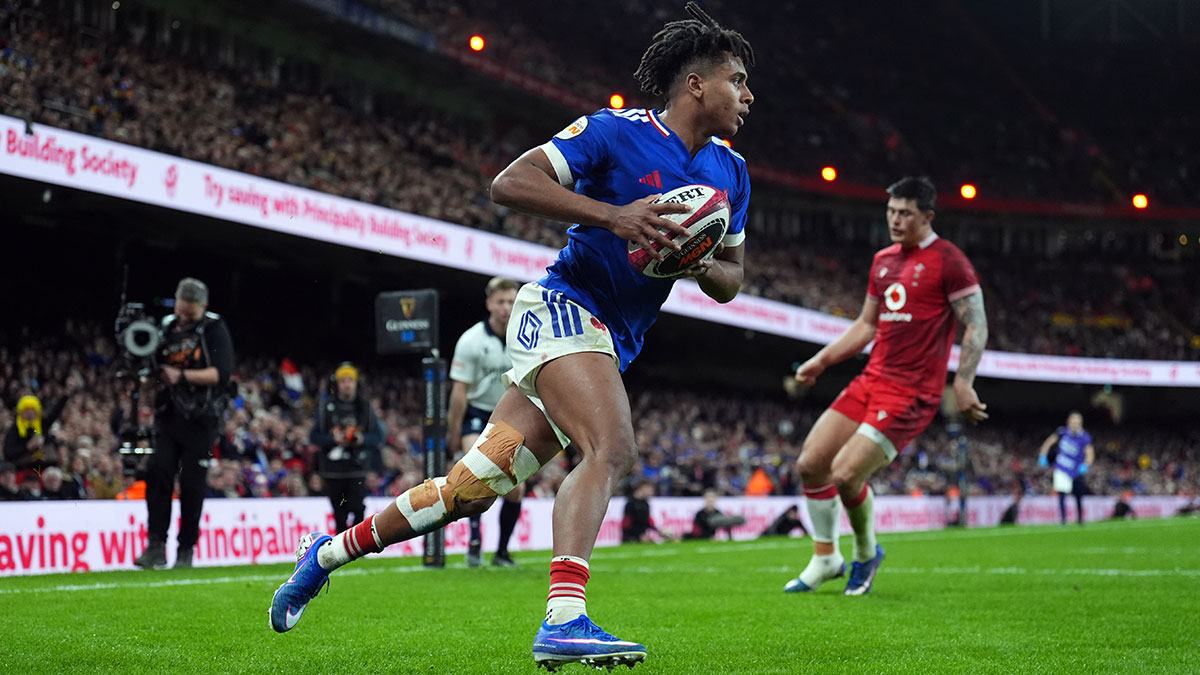 Theo Attissogbe scores a try for France against Wales during 2026 Six Nations