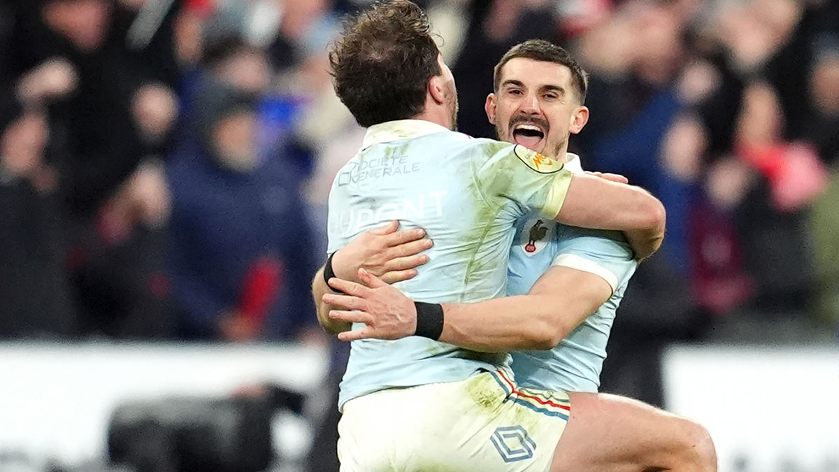 Thomas Ramos celebrates match winning kick for France v England during 2026 Six Nations