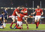 Wales celebrate Leigh Halfpenny try against Scotland